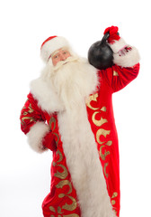 Santa Claus raises a cast iron weight.