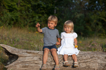 Boy and girl sitting on log