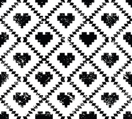 Seamless aztec tribal pattern with hearts - grunge, retro style