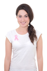Fototapeta premium woman with pink cancer ribbon on the breast