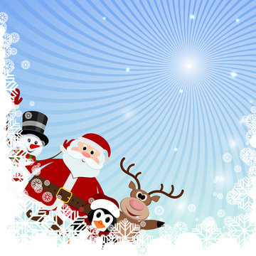 Winter background with snowflakes and Christmas characters