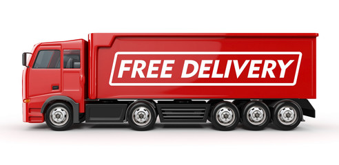 3d Red Truck with Free delivery text - isolated