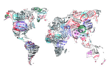 Fototapety  Pieczątki paszportowe mapy świata, na białym tle