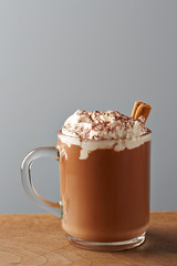 Cup of hot chocolate with whipped cream and cinnamon