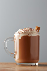 Cup of hot chocolate with whipped cream and cinnamon
