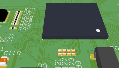 PCB green with elements. Chip.