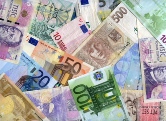 Euro and Czech banknotes (crona) background