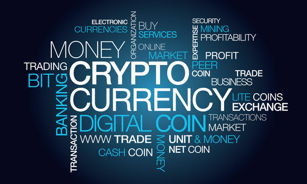 Crypto currency illustration tag cloud digital money coin