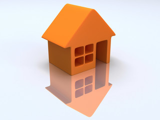 Orange house with reflection. 3d render.