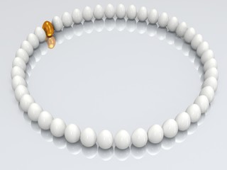 Golden egg in a row of the white eggs. 3D.