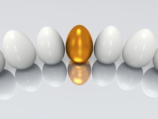 Golden egg in a row of the white eggs. 3D.
