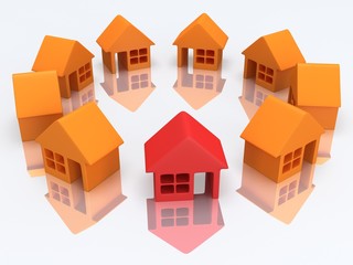 Orange houses and red with reflection. 3d render.