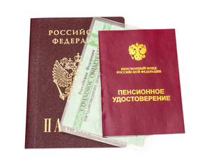 Russian pension certificate and certificate of insurance isolate