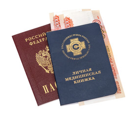 Russian medical book and passport isolated on white background