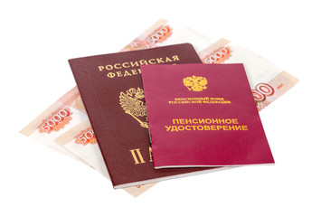 Russian Pension Certificate and Passport isolated on white backg