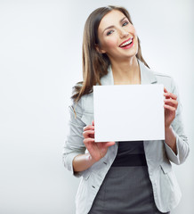 Naklejka premium Business woman hold banner, white background isolated portrait.