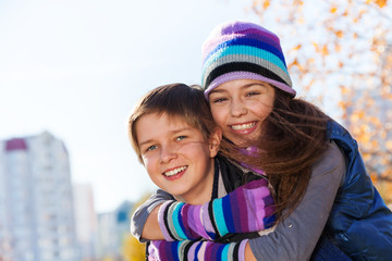 Hugging couple kids