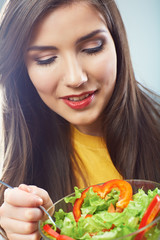 Woman close up smiling face. Diet food.