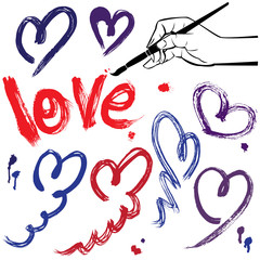 Set of brush strokes and scribbles in heart shapes and word LOVE