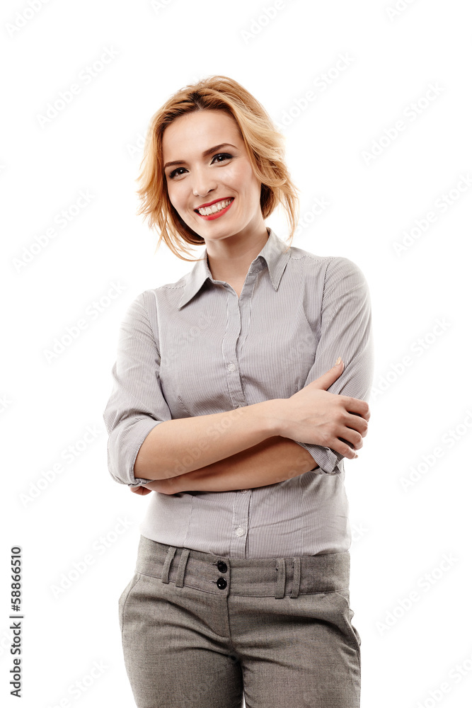 Sticker cheerful businesswoman with arms folded