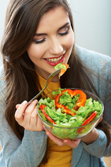 Woman close up smiling face. Diet food.