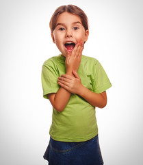 little girl glad joyful surprise opened her mouth backg