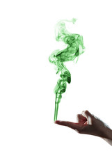 Man hand and green smoke on white background
