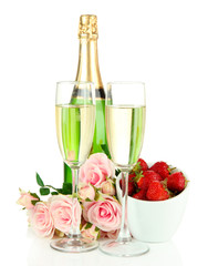 Romantic still life with champagne, strawberry and pink roses,