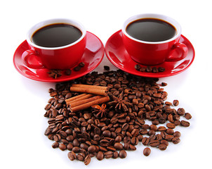 Red cups of strong coffee and coffee beans isolated on white