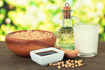 Soy products on table on bright background