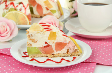 Delicious jelly cake on table close-up