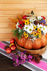 Beautiful autumn composition in pumpkin with apples and bumps