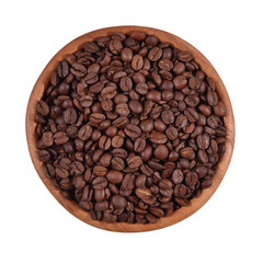Coffee beans in a wooden bowl  on a white background