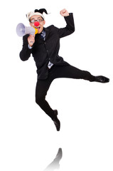 Businessman clown with loudspeaker on white