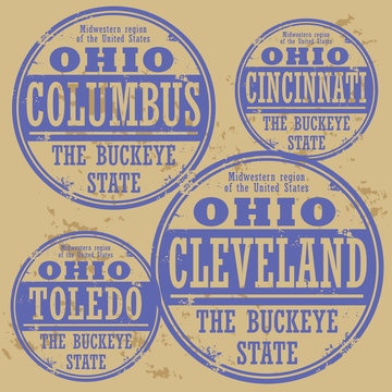 Grunge rubber stamp set with names of Ohio cities