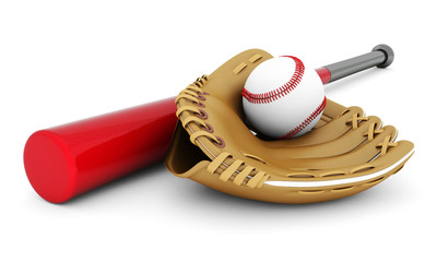 Leather glove with baseball and bat
