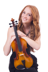 Woman with violin isolated on white