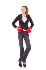 Woman businesswoman with boxing gloves on white