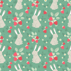 Rabbits and wild strawberries seamless pattern © Yuzach