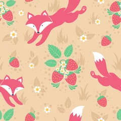 Muurstickers Foxes and wild strawberries seamless pattern © Yulia