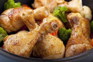 Roasted marinated chicken drumsticks.