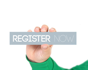 woman holding a label with register now