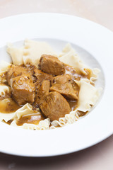 pork pieces on cumin with pasta