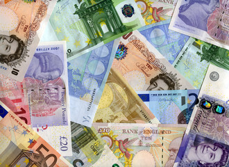 Obraz na płótnie Canvas Euro and United Kingdom banknotes (pound) background