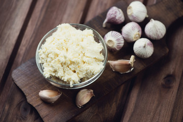 Cheese and garlic salad, traditional jewish snack, above view