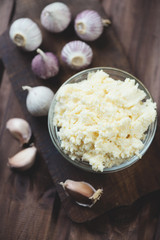 Traditional jewish snack made of cheese and garlic, above view