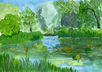 Summer landscape, gouache sketch, imitation of children's drawin
