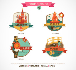 World Cities labels - Moscow, Phuket, Madrid, Hanoi