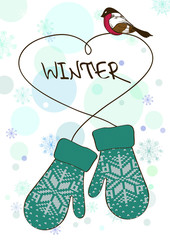 Winter illustration with knitted mittens