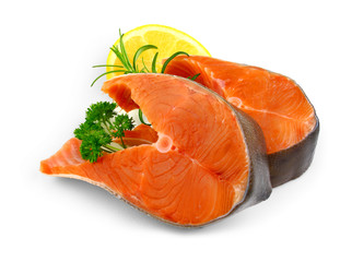 Two salmon steaks with spice and lemon